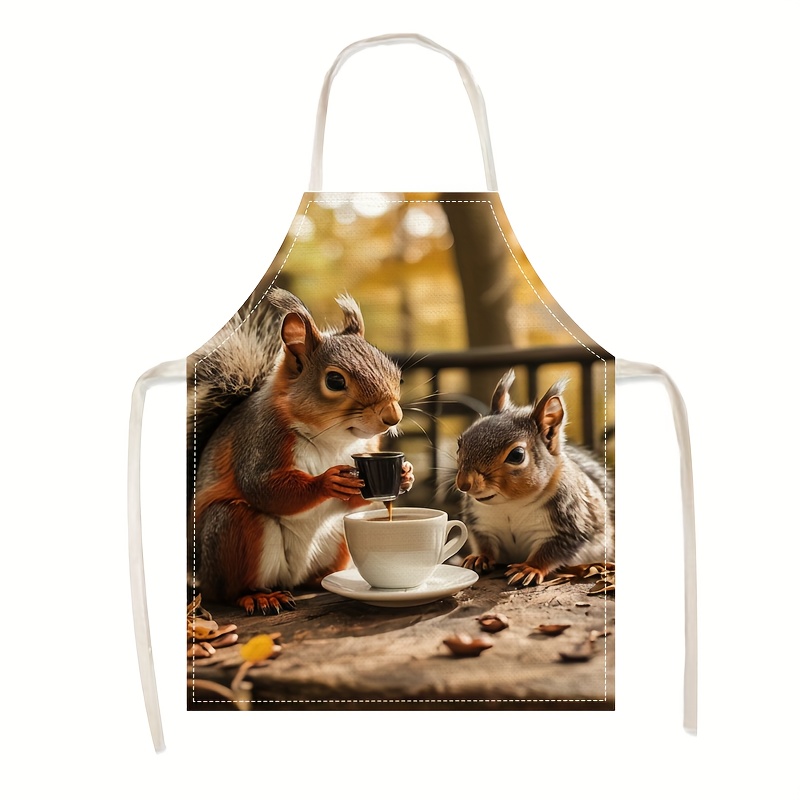 Kitchen Baking Gift Ideas - Leinen-Schürze mit Eichhörnchen-Kaffee-Szenerie-Druck für Küche, Kochen,