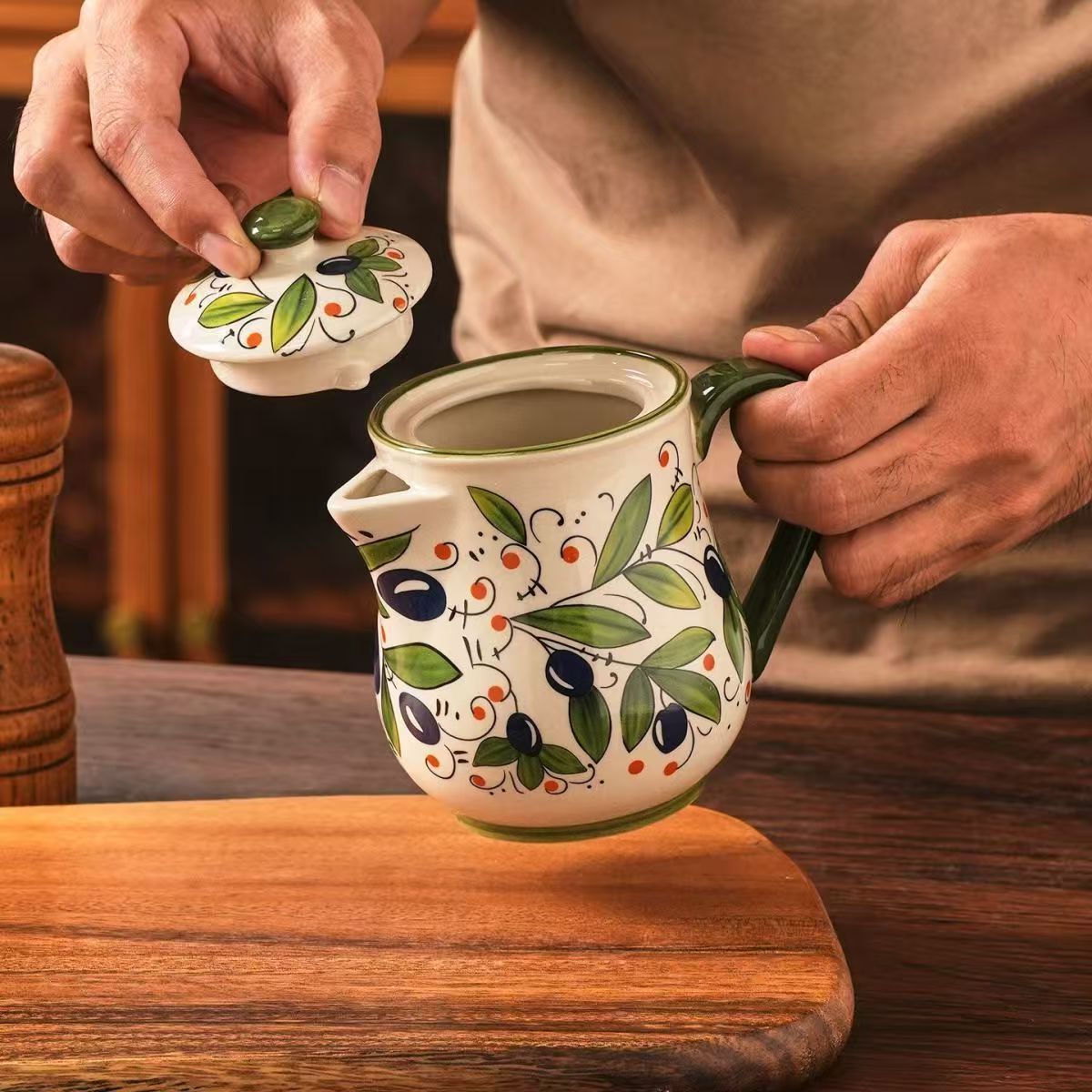 Kitchen Queen - Olivgrüner Keramik-Blumen-Öltopf für den Heimgebrauch, große