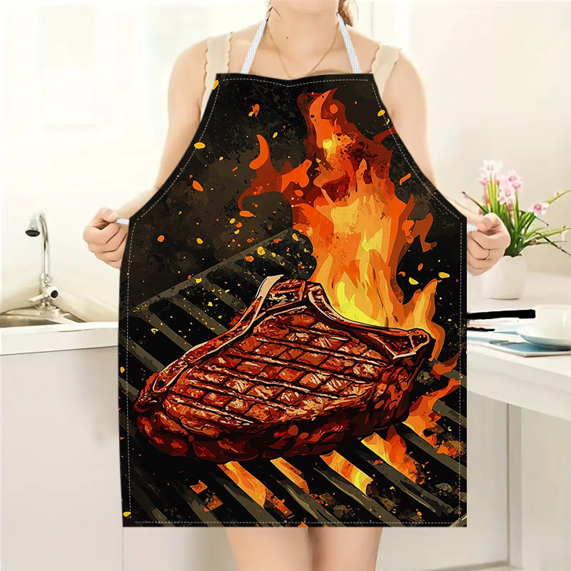 Kitchen Baking Gift Ideas - 1 Stück BBQ-Steak-Schürze mit Flammen-Grill-Print, Küchen-Kochschürze,